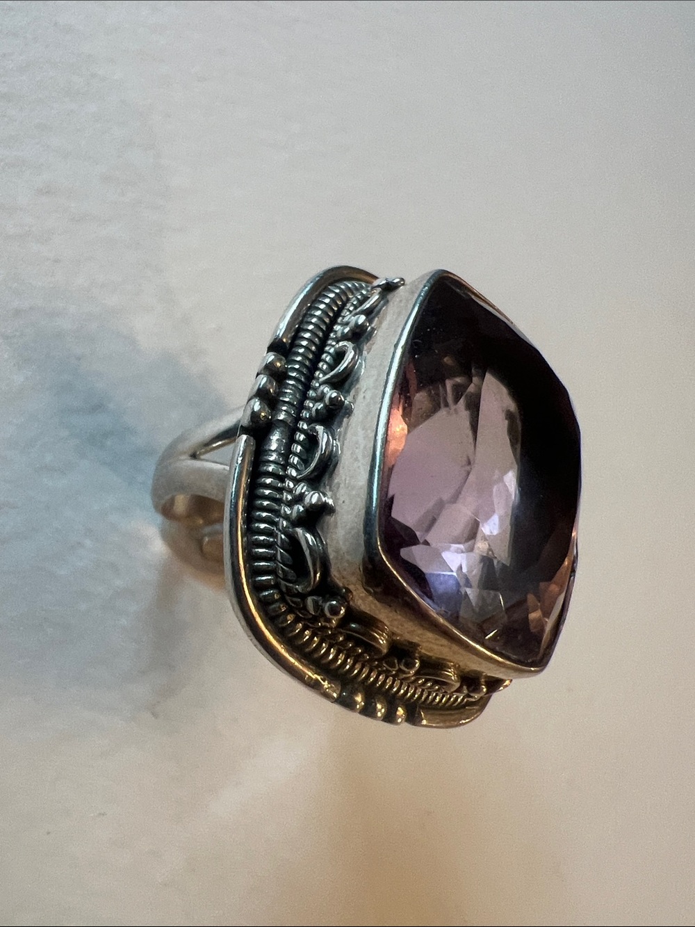 Sterling Silver Large Adjustable Purple Cushion-Cut Gemstone Statement Ring - Picture 2 of 6